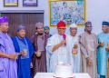 L-R: Senators Sharafadeen Alli, Simon Lalong, Deputy Senate President, Jibrin Barau; President of the Senate, Godswill Akpabio, Senate Leader, Opeyemi Bamidele, Senate Whip, Tahir Monguno and Senator Marshall Katung, during cutting of cake to celebrate Senators born in the Month of April and May, in the Senate President’s office yesterday. Photo: Senate President’s Office
