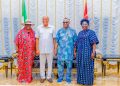 L- R: Wife of the Senate President, Mrs Unoma Godswill Akpabio; Akwa Ibom State, Pastor Umo Eno; President of the Senate, Godswill Akpabio and Deputy Governor, Akwa Ibom State, Senator Akon Eyakeyin, when Eno led APC stakeholders in the state to consult Akpabio over his return bid for the governorship of Akwa Ibom State in 2027 in Uyo, yesterday. Photo: Senate President’s Office.