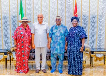 L- R: Wife of the Senate President, Mrs Unoma Godswill Akpabio; Akwa Ibom State, Pastor Umo Eno; President of the Senate, Godswill Akpabio and Deputy Governor, Akwa Ibom State, Senator Akon Eyakeyin, when Eno led APC stakeholders in the state to consult Akpabio over his return bid for the governorship of Akwa Ibom State in 2027 in Uyo, yesterday. Photo: Senate President’s Office.