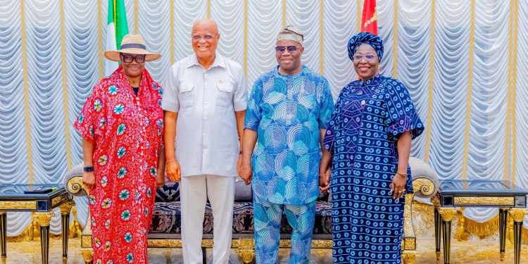 L- R: Wife of the Senate President, Mrs Unoma Godswill Akpabio; Akwa Ibom State, Pastor Umo Eno; President of the Senate, Godswill Akpabio and Deputy Governor, Akwa Ibom State, Senator Akon Eyakeyin, when Eno led APC stakeholders in the state to consult Akpabio over his return bid for the governorship of Akwa Ibom State in 2027 in Uyo, yesterday. Photo: Senate President’s Office.