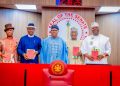 L-R: Senators Olaka Nwogu, (Rivers South East PDP), Ikeje Asogwu, (Enugu North APC), President of the Senate, Godswill Akpabio; Senators Envulu Anza, (Nasarawa North APC) and Dayo Faduyile, (Ondo South APC), after the swearing -in- of newly elected Senators, yesterday. Photo: Senate President’s Office